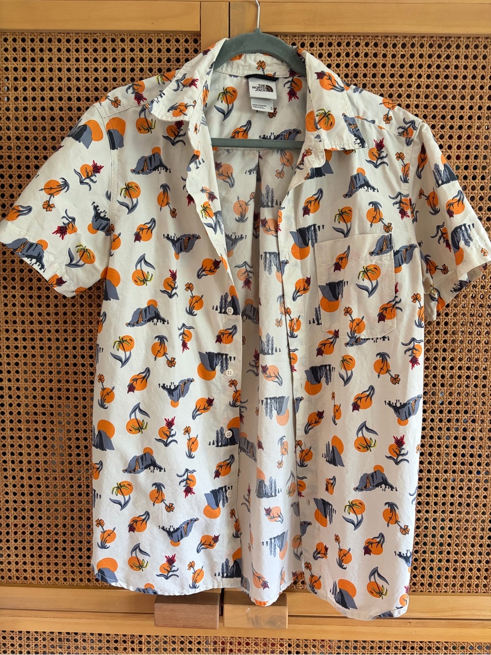 The North Face Men’s Short-Sleeve White Button-Down with Orange & Navy Print
